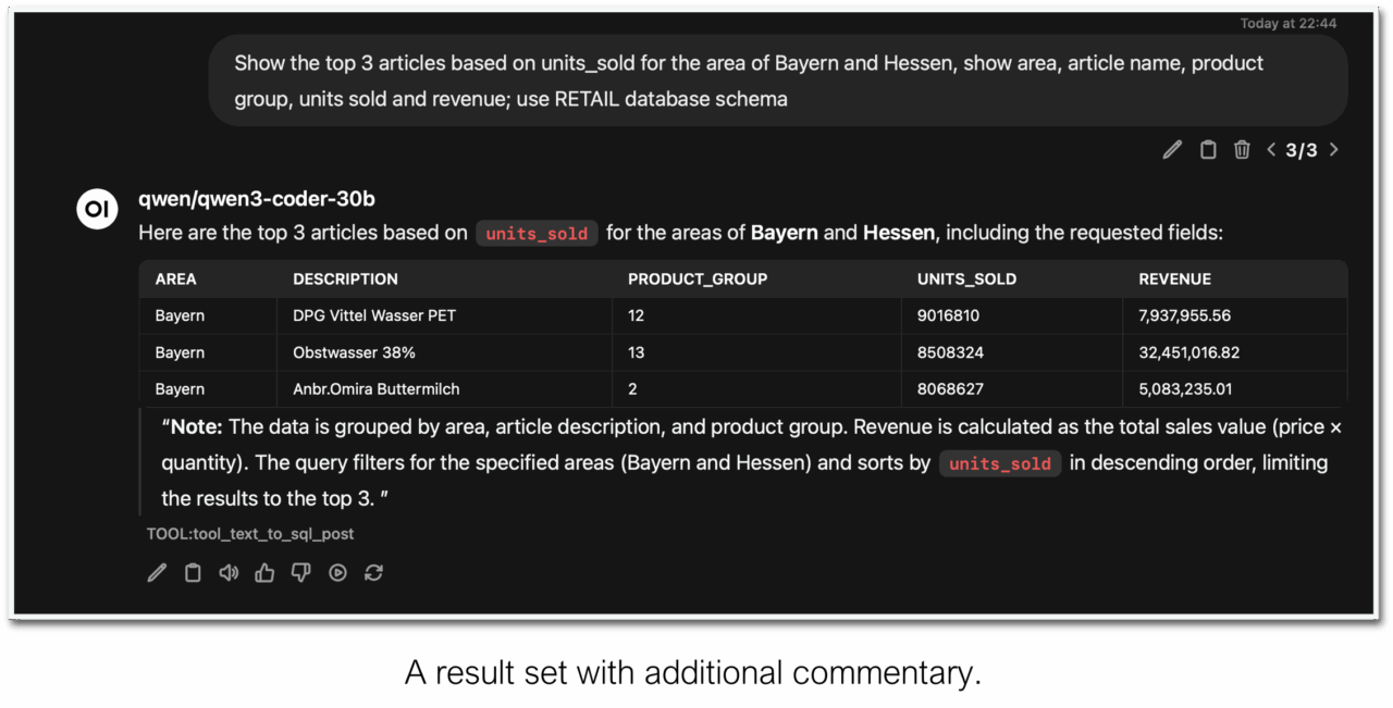 A simple test query for the retail database schema, showcasing the text-to-sql result set. 